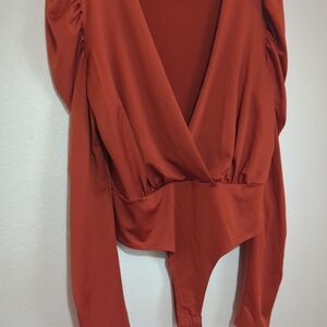 Kafe Design Womens L Rust Brown Bodysuit Long Sleeve Deep V Neck Ruched Wrap